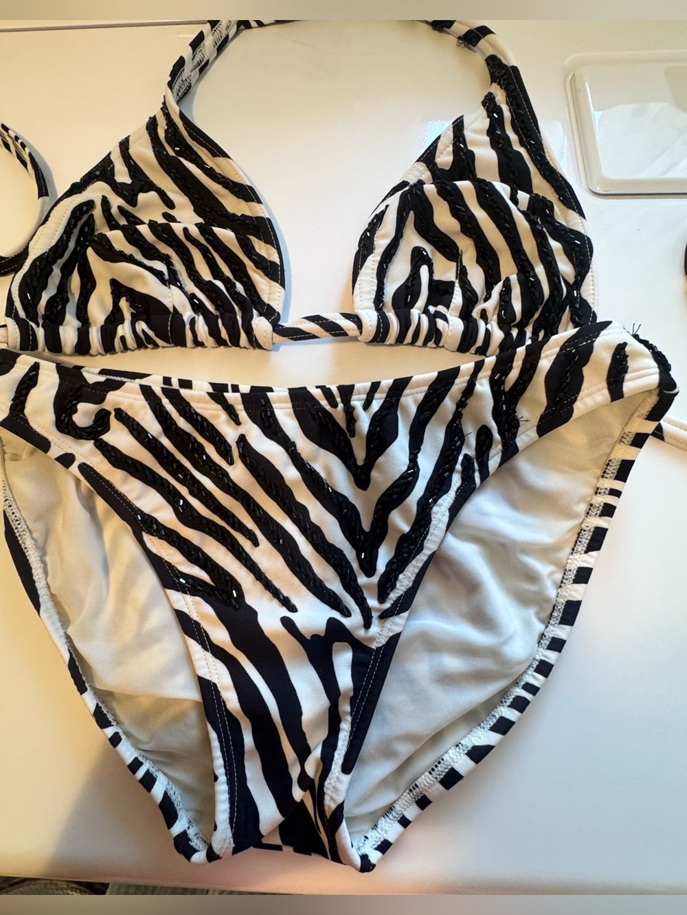 Zebra-Print Triangle Bikini Set in Black & White